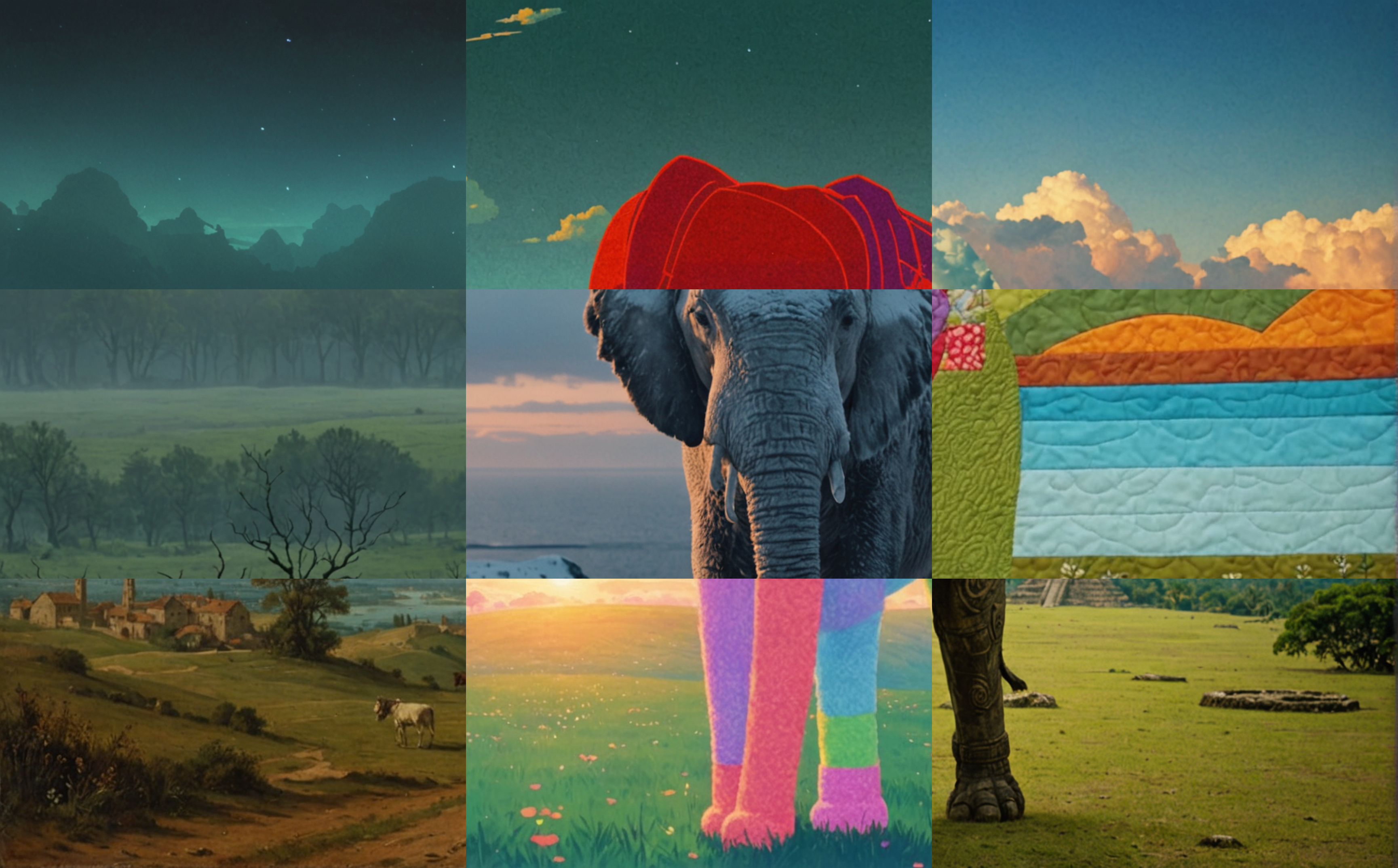 A larger grid of an elephant — the composition holds together even with wildly different styles per tile